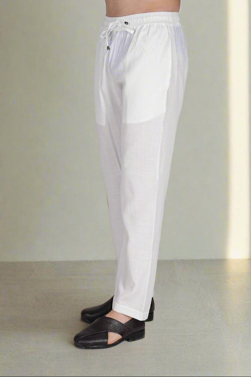 White Poly linen evergreen Pajama - Nirmal Online