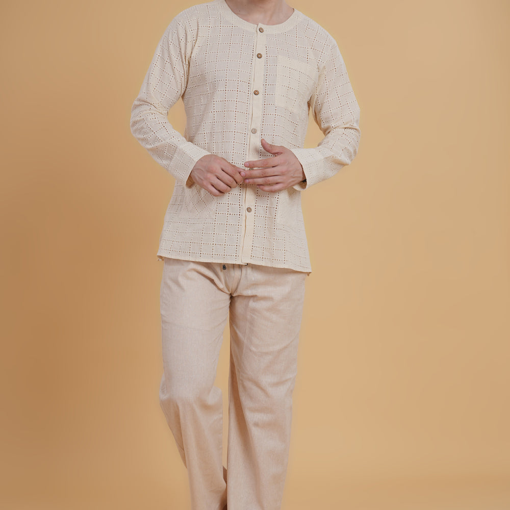
                      
                        Men’s Cream Crochet Cotton Co-ord Set
                      
                    