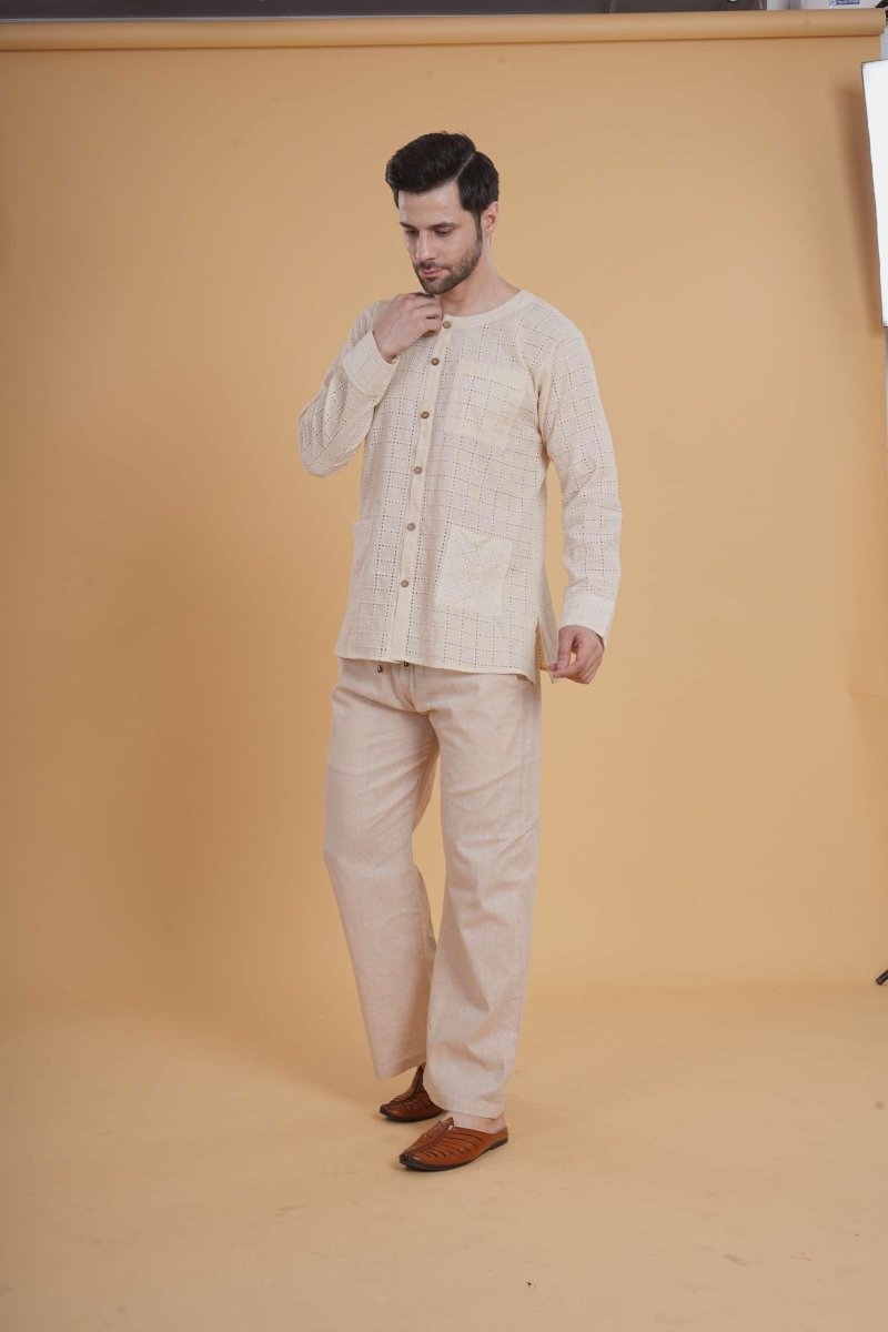 Men Cream line touch cotton Pajama