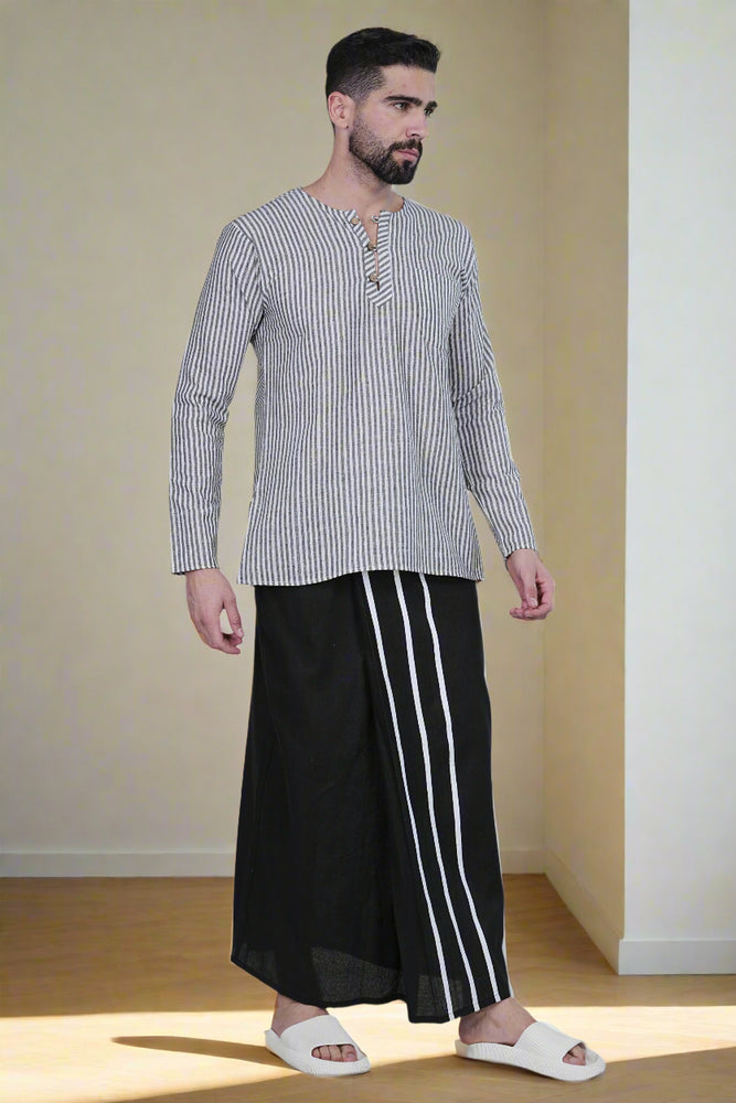 
                      
                        Stripe Black Pajama Lungi kurta set
                      
                    