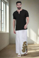 Peacock Print White PajamaLungi Kurta Set