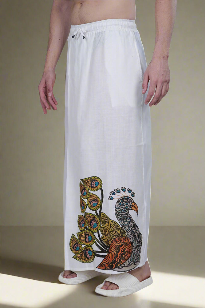 
                      
                        Peacock Print White Pajama Lungi Kurta Set
                      
                    