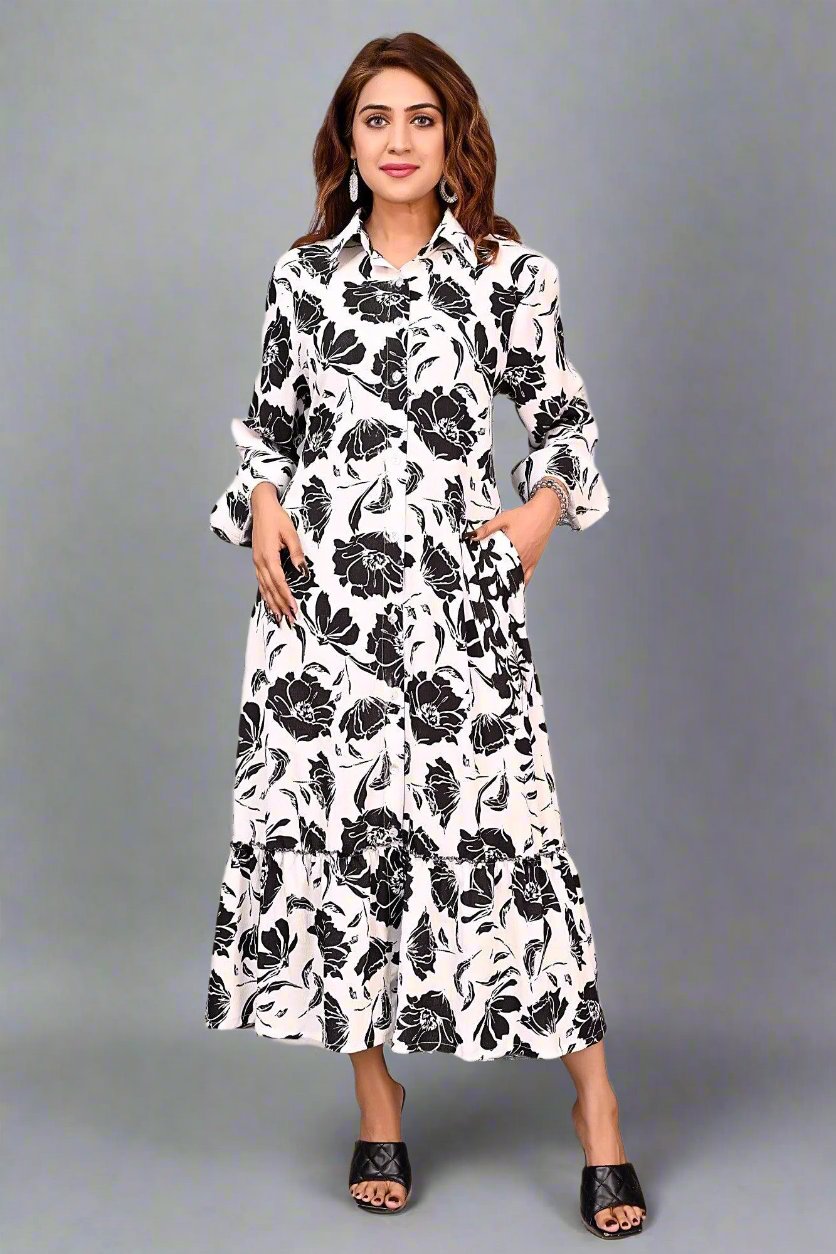 Premium Quality Digital Printed Tunic Dress for Women in Black & White Colour