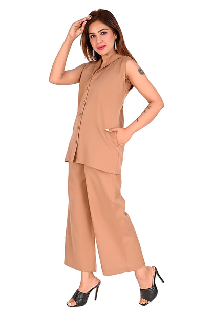 Brown Sleeveless Button Front Co-Ord Set