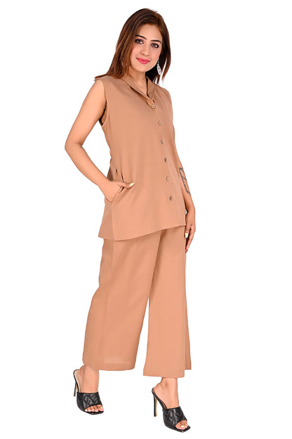 Brown Sleeveless Button Front Co-Ord Set