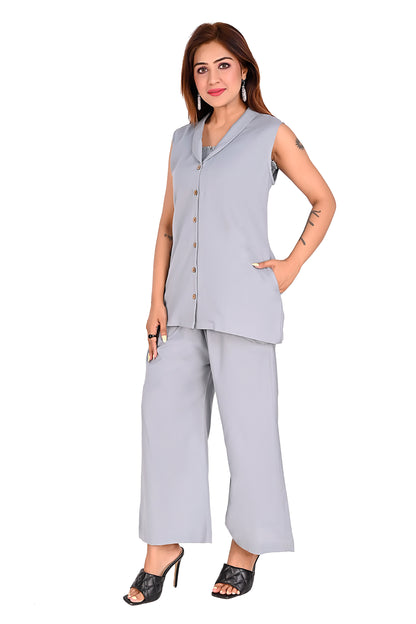 Grey Sleeveless Button Front Co-Ord Set