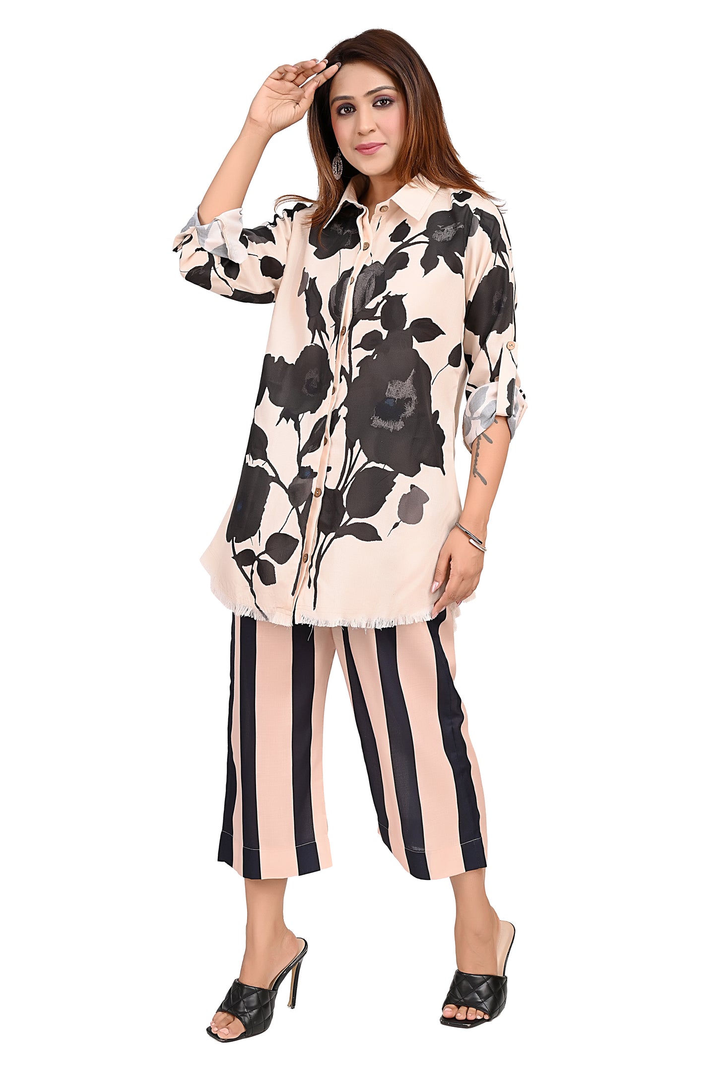 Floral Printed Kurta Co-Ord Set with Striped Pants