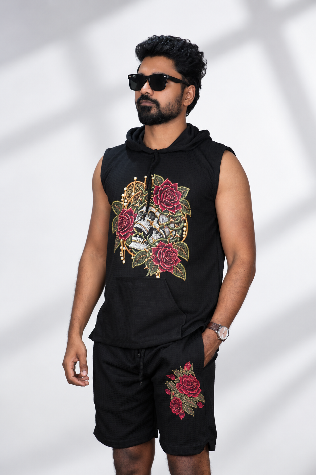 Black Floral Skull Printed Sleeveless Hoodie