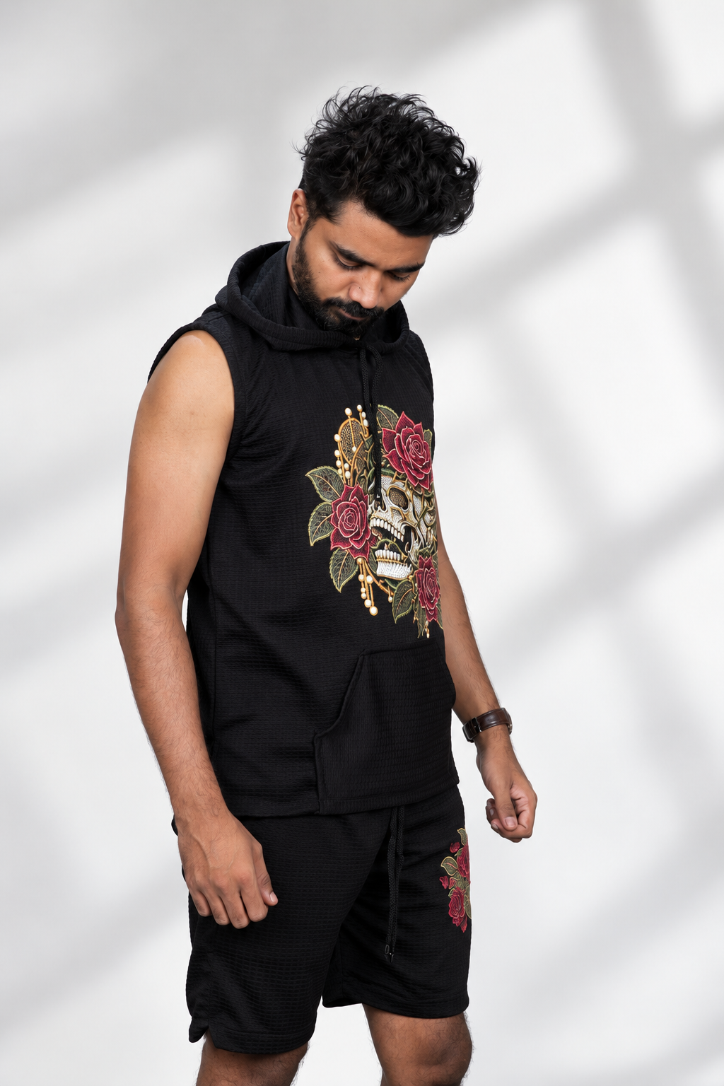 Black Floral Skull Printed Sleeveless Hoodie