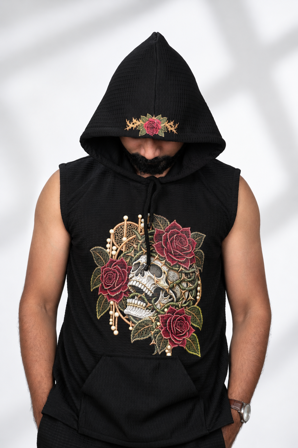Black Floral Skull Printed Sleeveless Hoodie