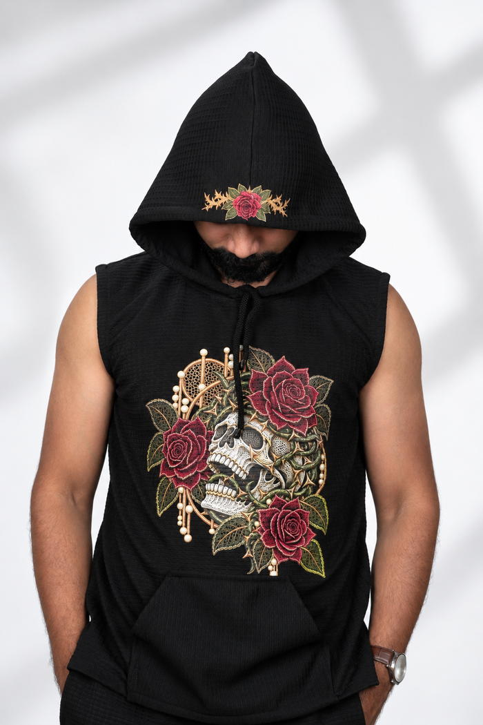 Black Floral Skull Printed Sleeveless Hoodie