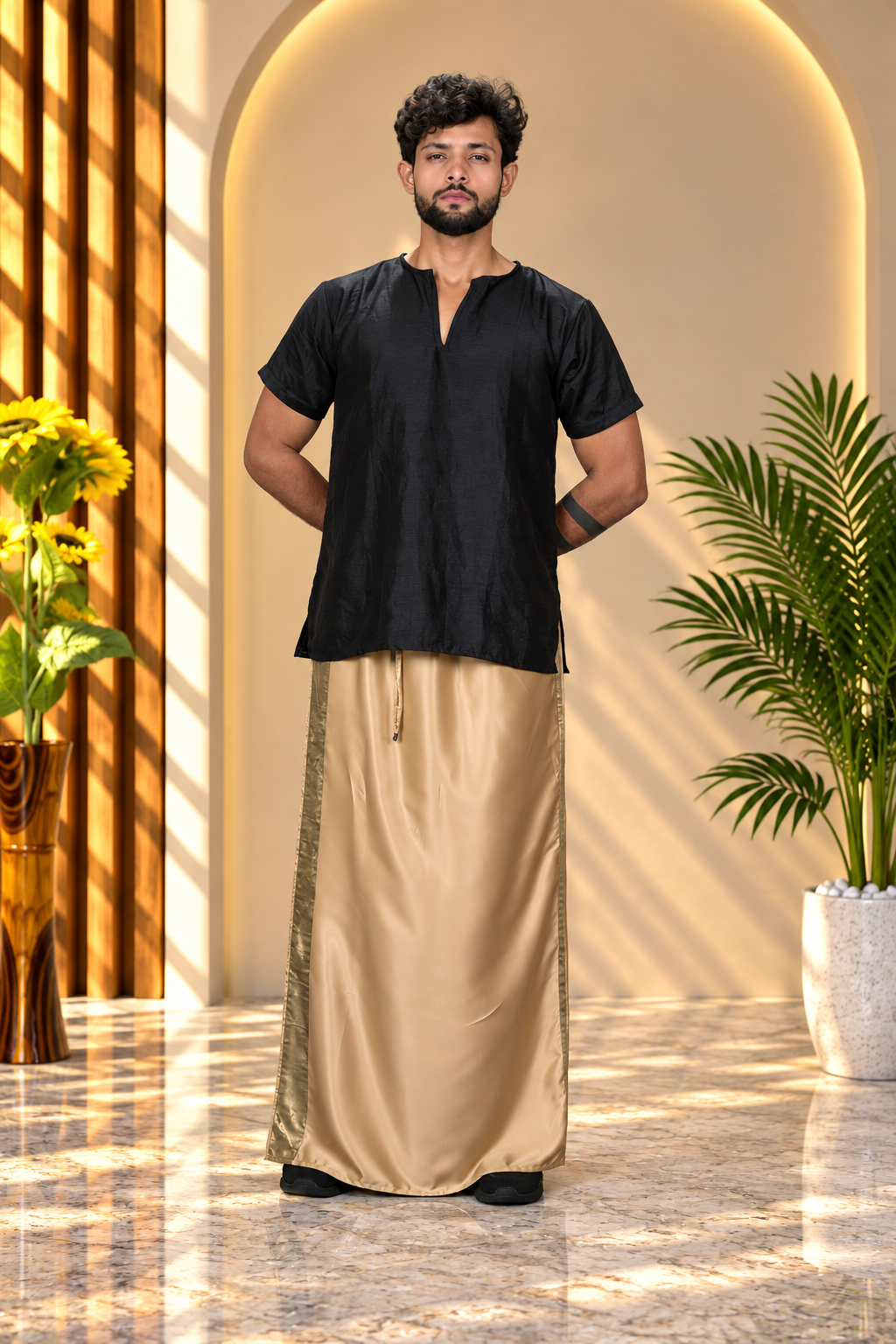 Men Dark Golden Colour Pajamalungi With Copper Zari Stripe Panel