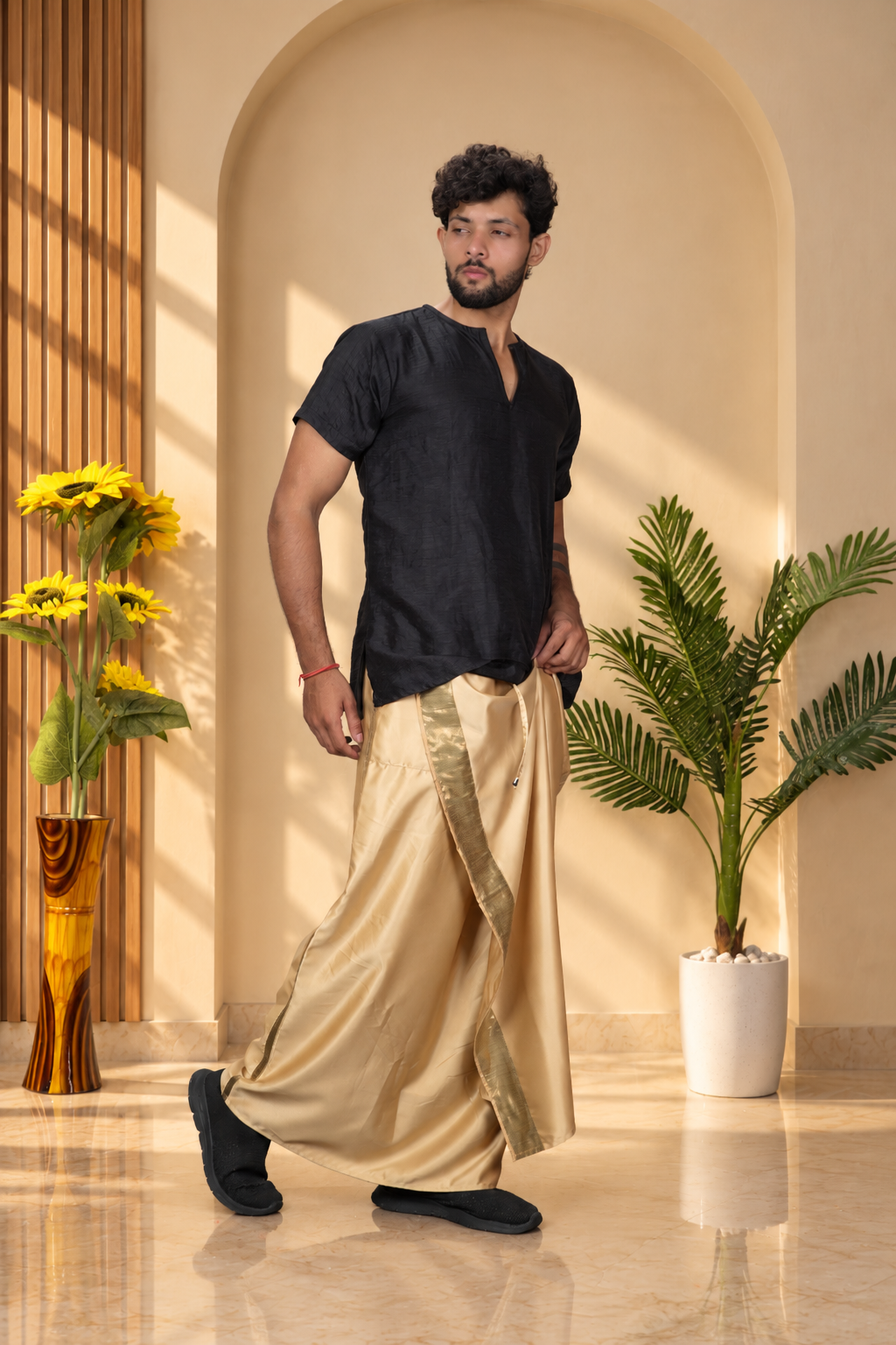 Men Dark Golden Colour Pajamalungi With Copper Zari Stripe Panel