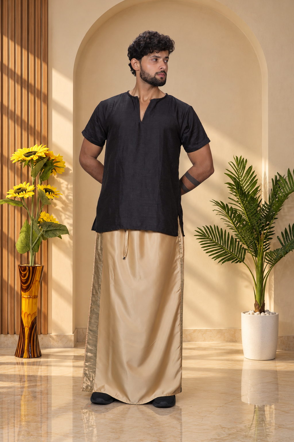Men Dark Golden Colour Pajamalungi With Copper Zari Stripe Panel