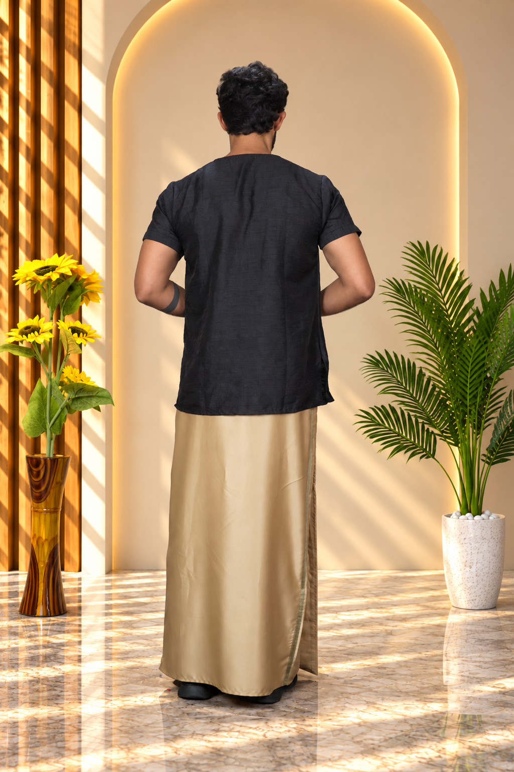 Men Dark Golden Colour Pajamalungi With Copper Zari Stripe Panel