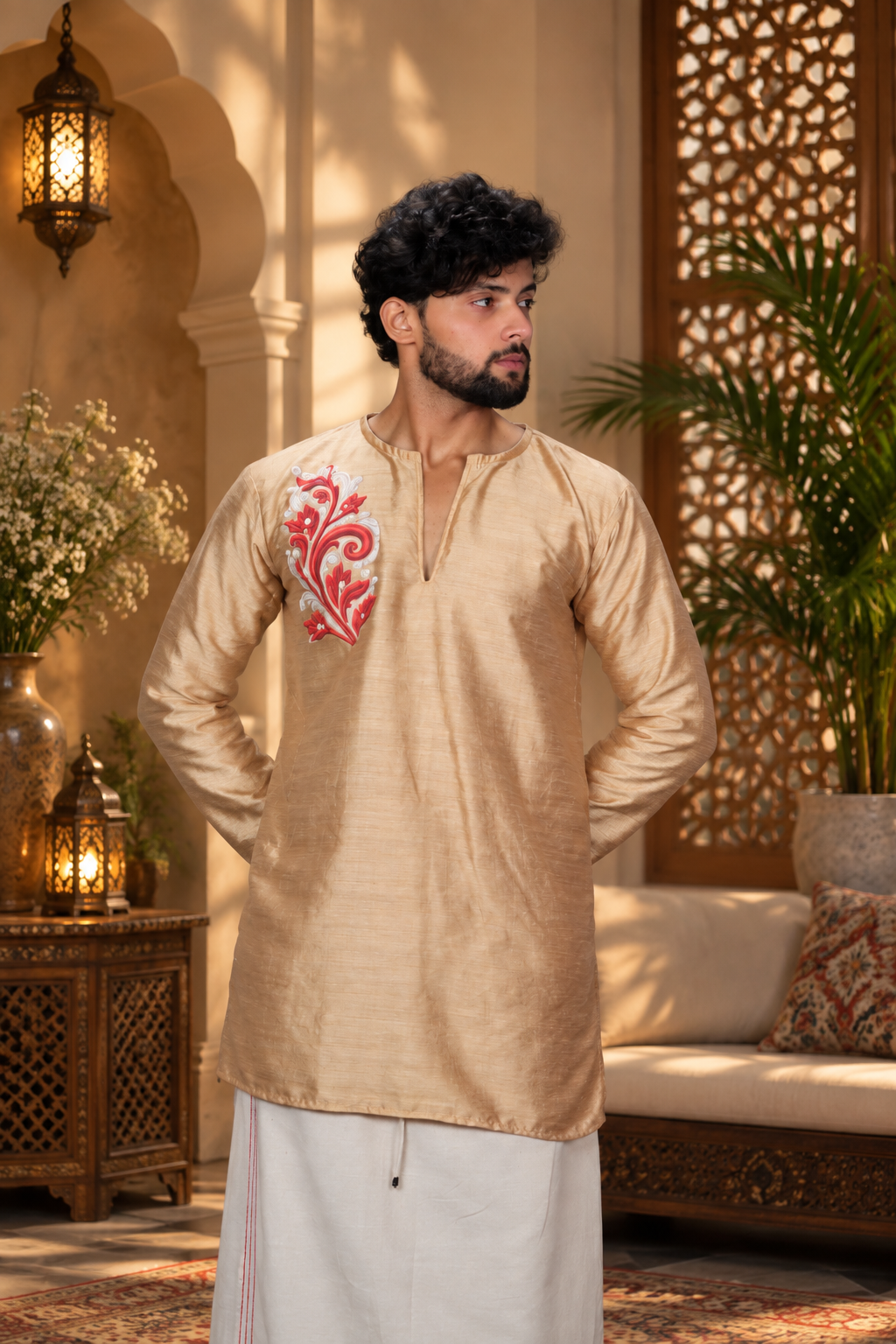 Golden Mulberry  Silk Embroidered Look DTF Sticker Print Kurta
