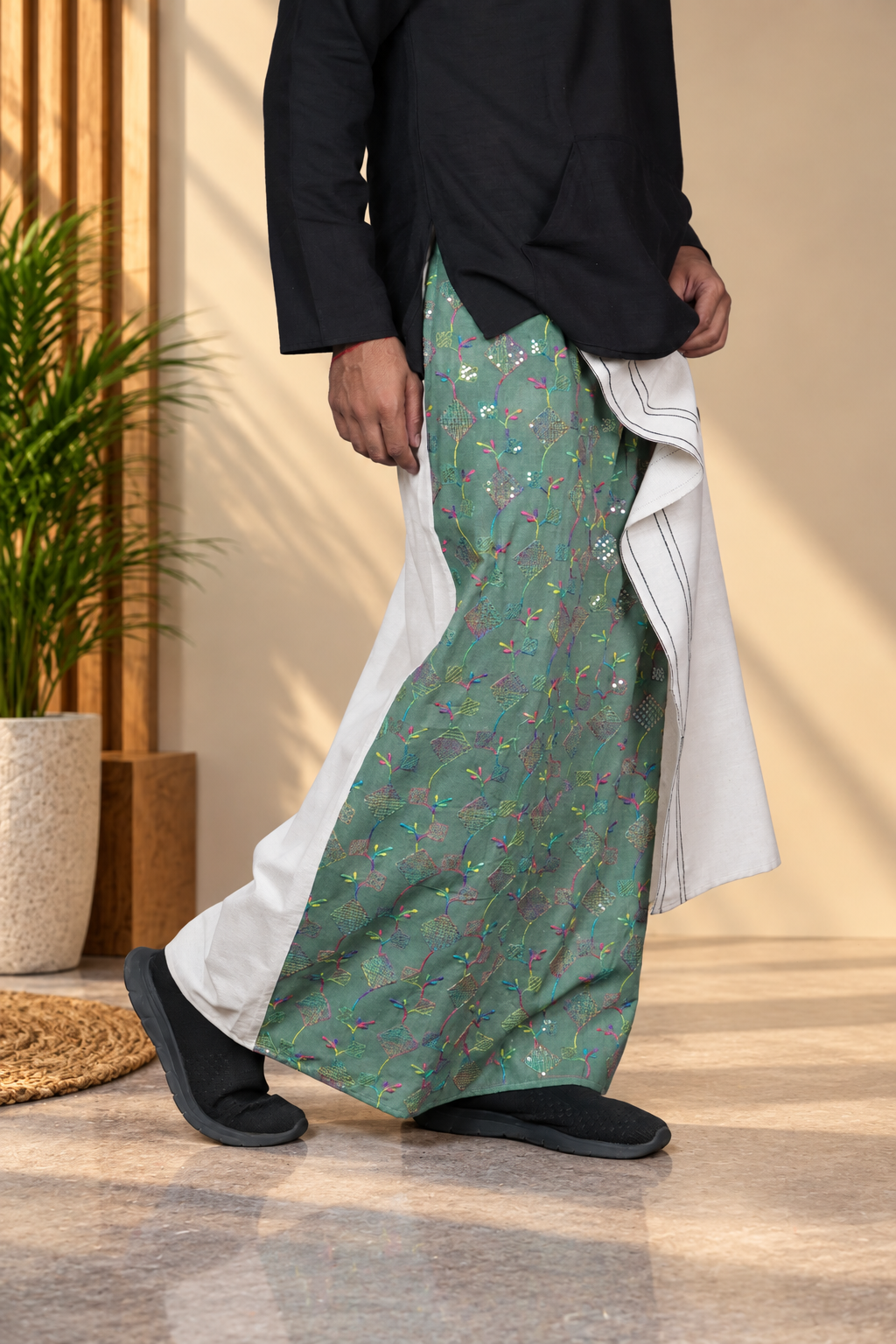 Men Beige Color  Pajamalungi With Sage Green Sequence Embroidery Panel