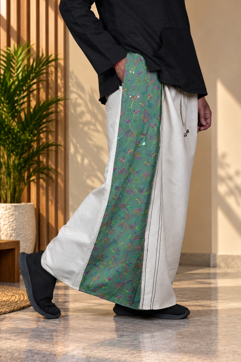 Men Beige Color  Pajamalungi With Sage Green Sequence Embroidery Panel