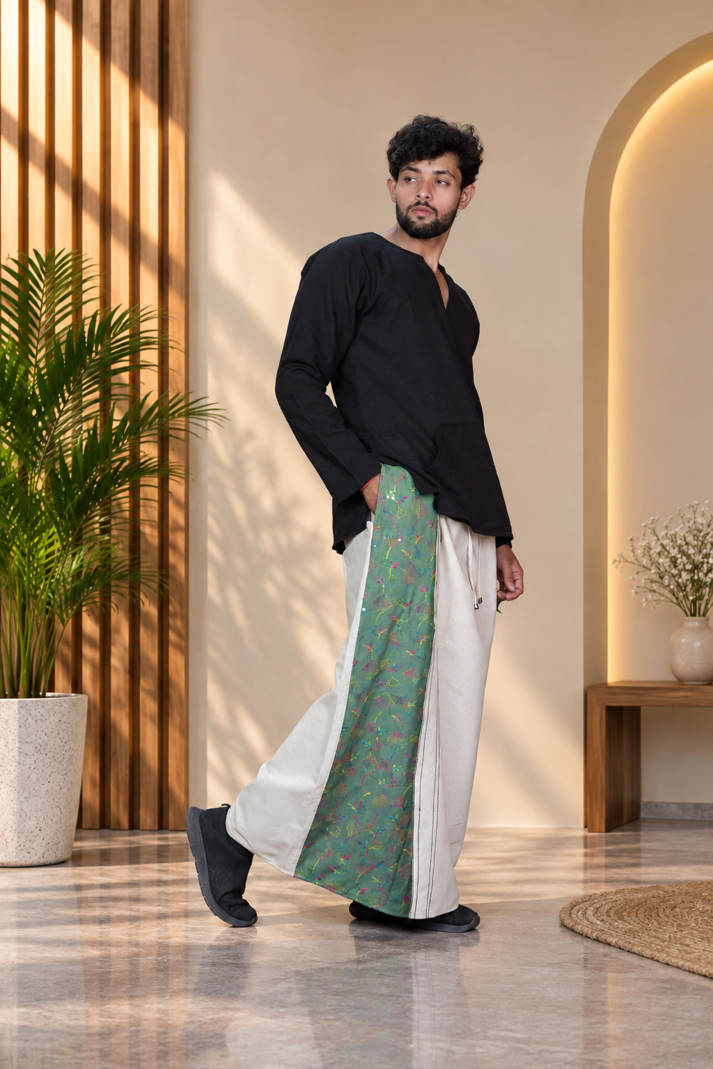 Men Beige Color  Pajamalungi With Sage Green Sequence Embroidery Panel