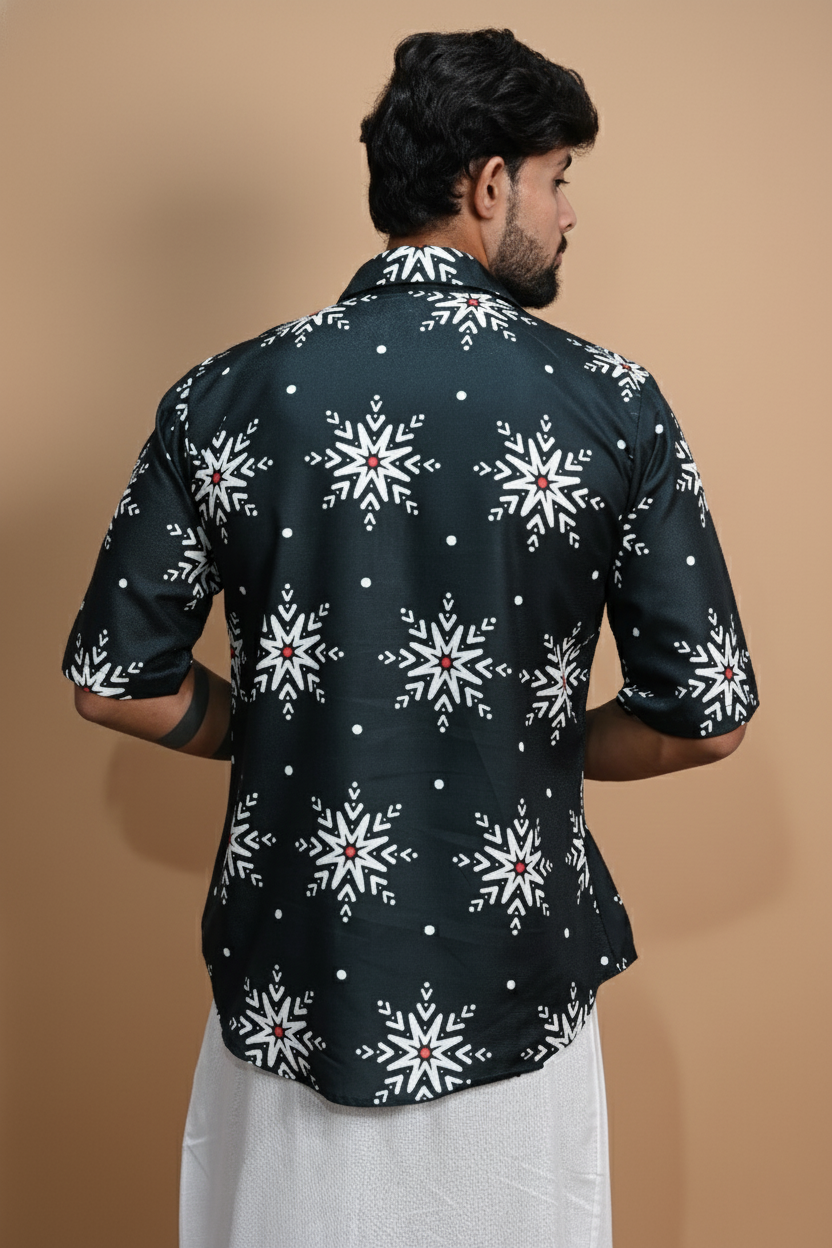 Snowflake Charm Navy Color Digital Print Kurta Shirt For Men