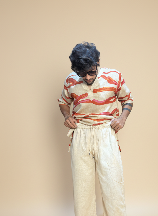 Beige Cream red wave poly linen kurta for men