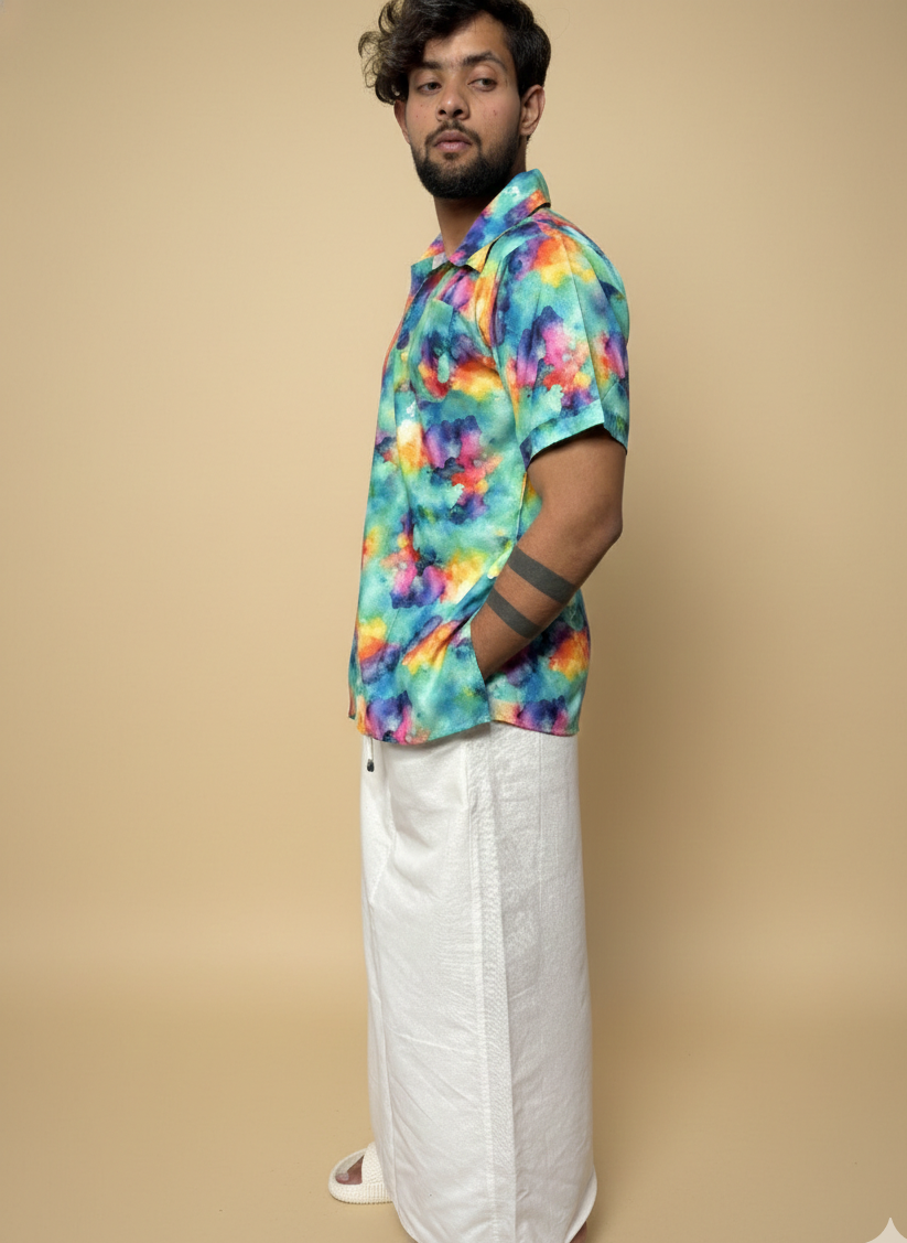 Men White Pajamalungi With Multicolor Stripe