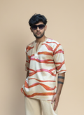 Beige Cream red wave poly linen kurta for men