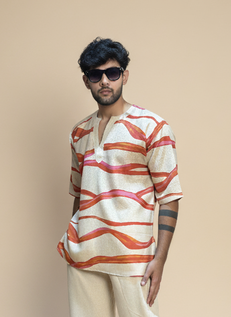 Beige Cream red wave poly linen kurta for men