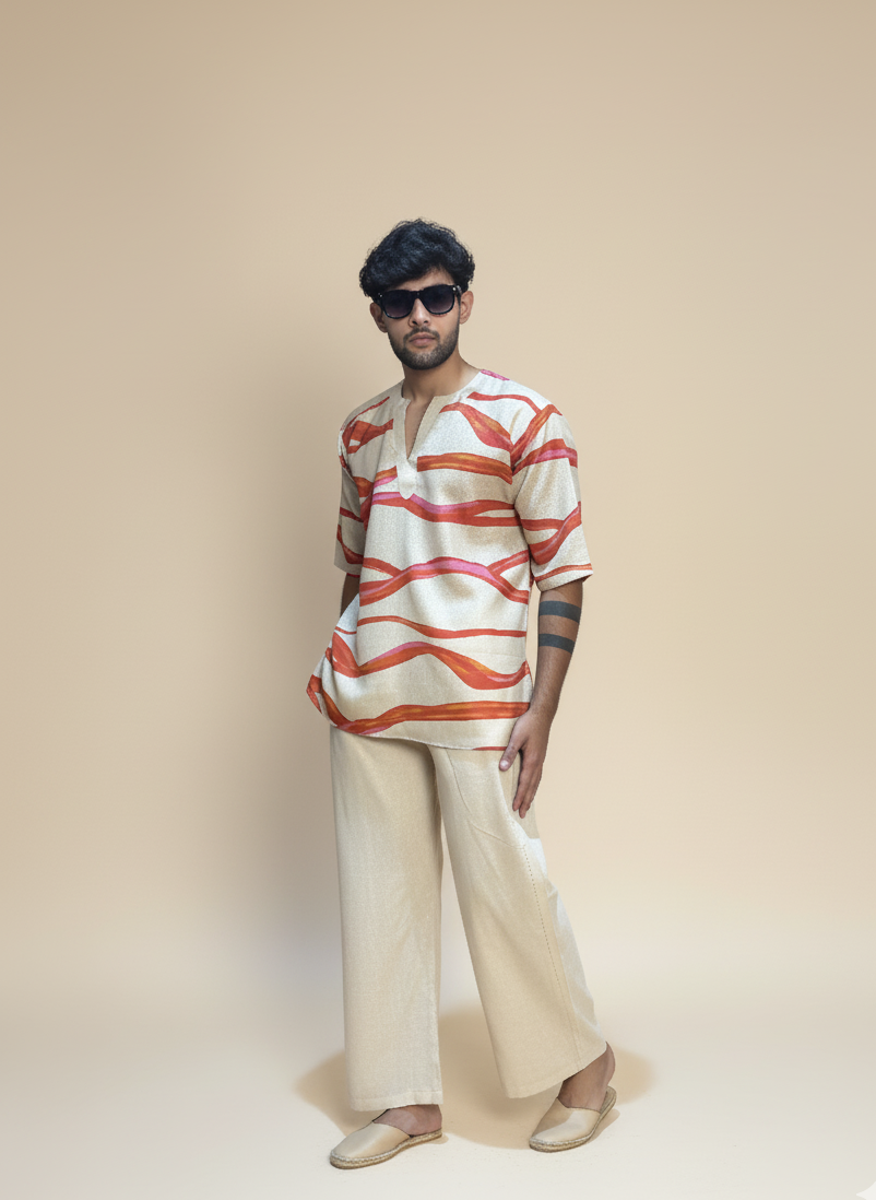 Beige Cream red wave poly linen kurta for men
