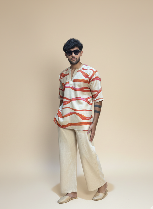 Beige Cream red wave poly linen kurta for men's