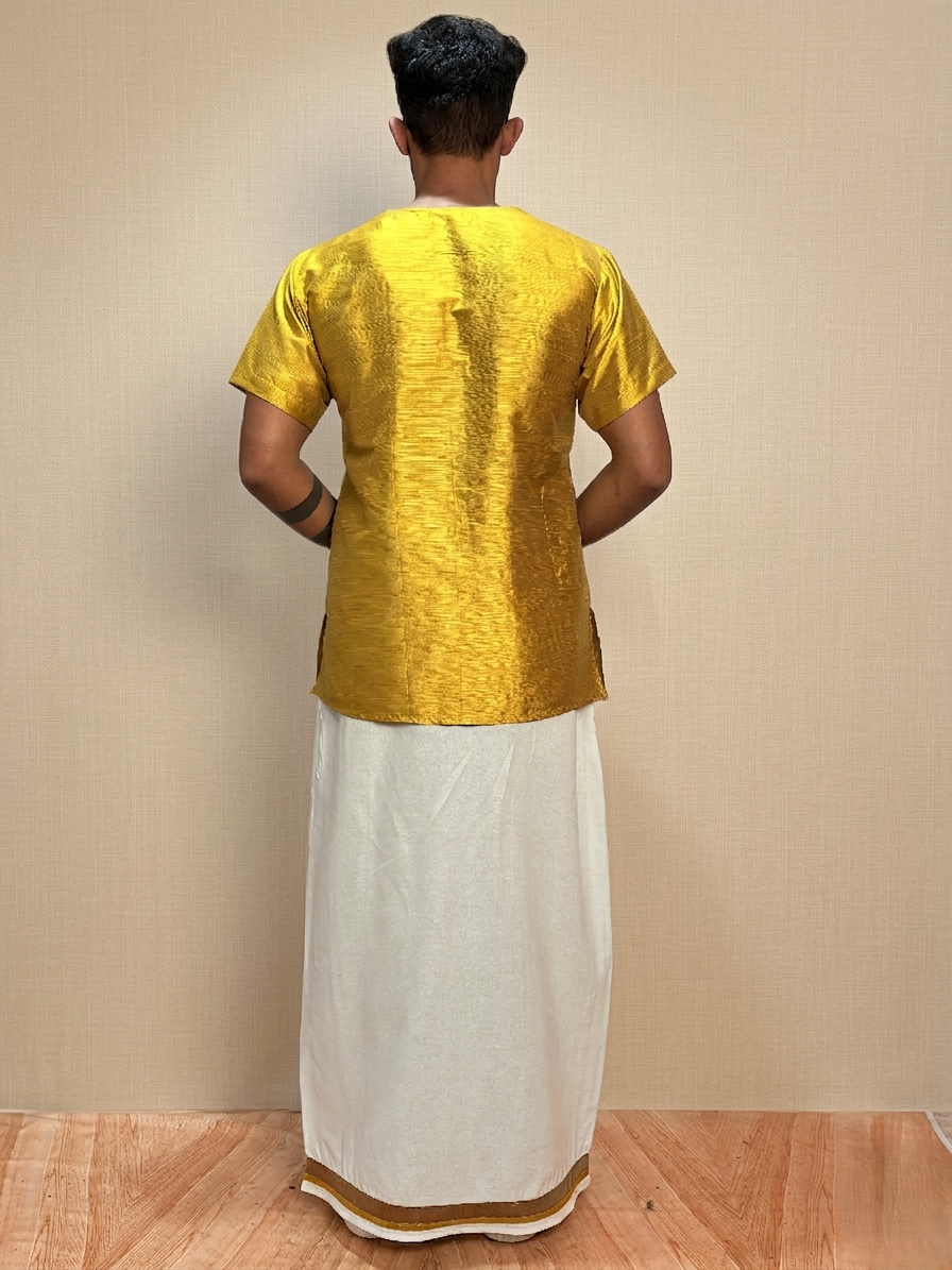 Men White Color With Copper Zari & Mustard Yellow Stripe Pajamalungi