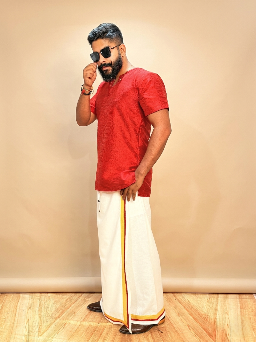 Men White Color With Golden Zari & Red Stripe Pajamalungi