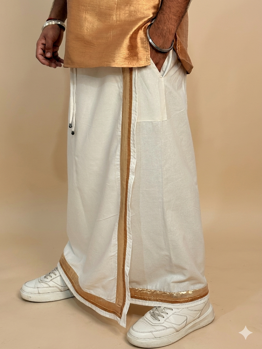 Men White Color With Copper Zari & beige Stripe Pajamalungi