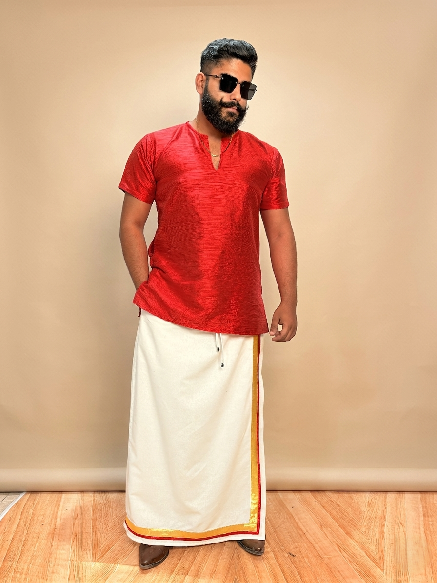 Men White Color With Golden Zari & Red Stripe Pajamalungi