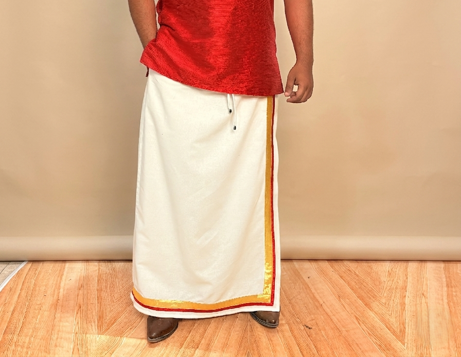 Men White Color With Golden Zari & Red Stripe Pajamalungi