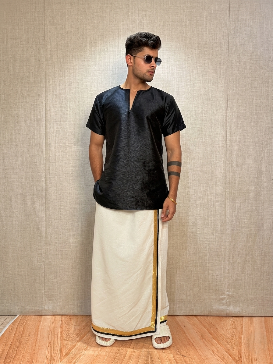 Men Black Colour Mulberry Silk Kurta.