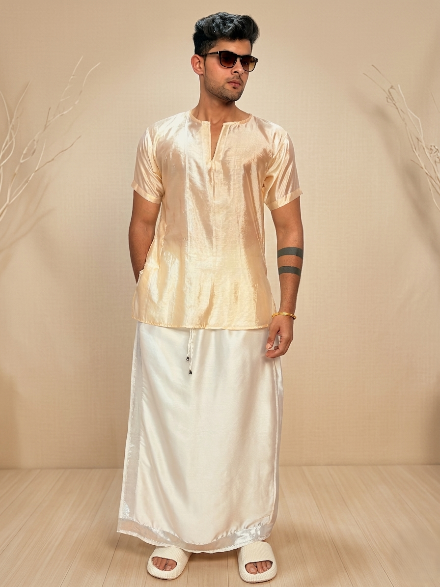 Men White Color With Silver Zari Stripe Pajamalungi