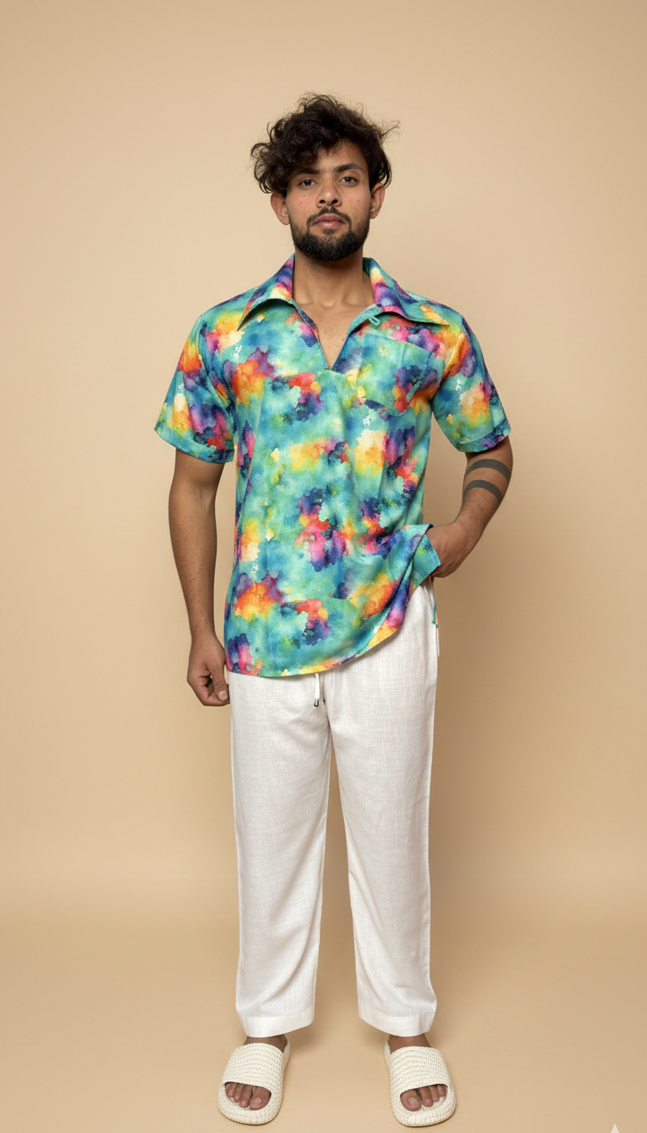 Men Short Sleeve Shirt-Collar Abstract Print Kurta