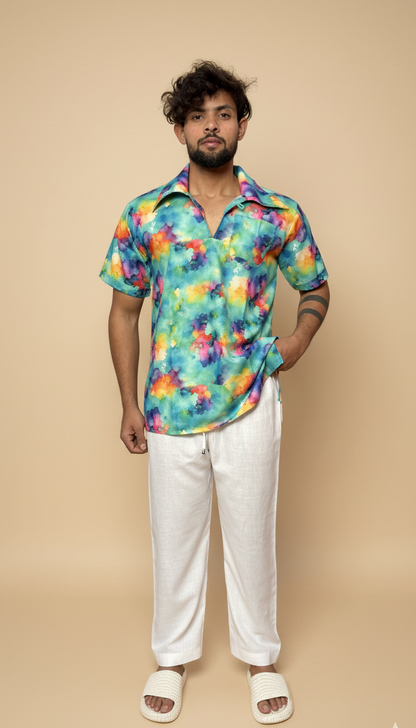 Men Short Sleeve Shirt-Collar Abstract Print Kurta