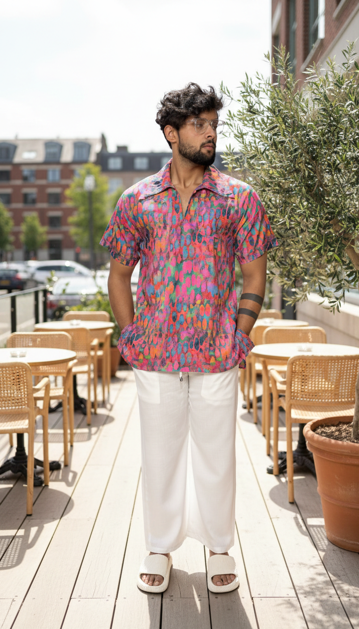 Men Abstract Ikat Dot Print Shirt-Collar Kurta