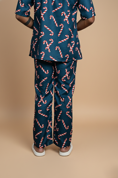 Dark Teal Candy Cane Digital Print Pajama For Men's