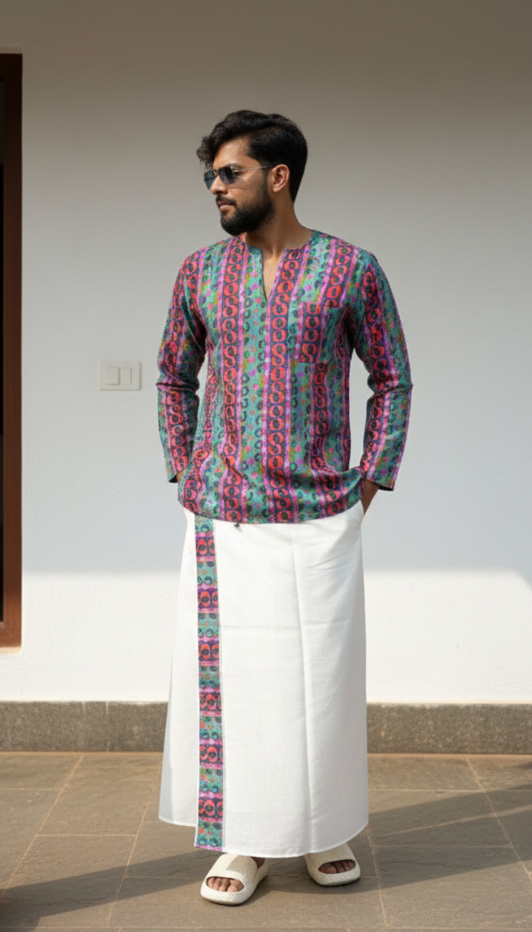 Men's White Cotton Pajamalungi with Vertical Printed Stripe