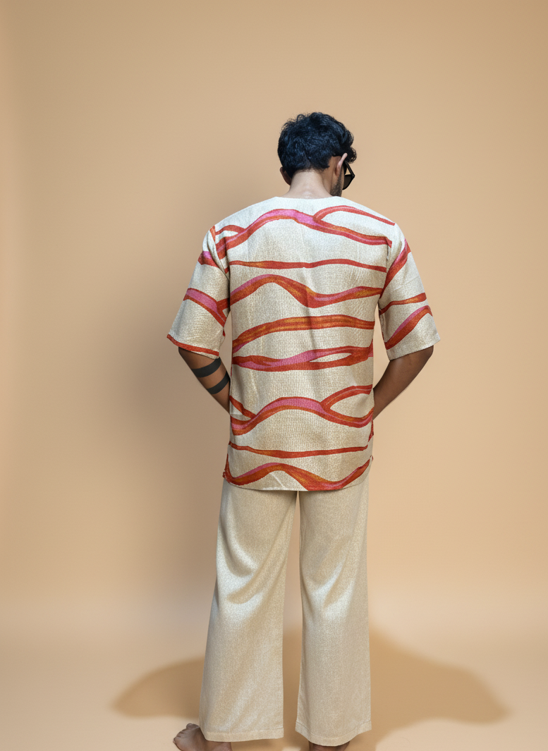 Beige Cream red wave poly linen kurta for men