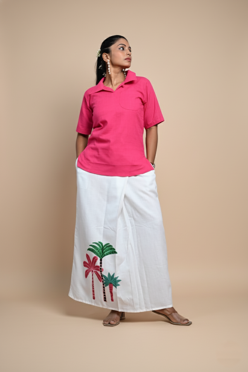 Women Coconut Tree Printed White Pajamalungi