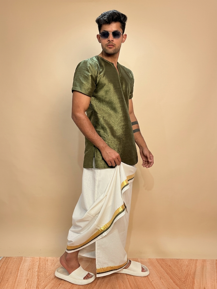 Men White Color With Golden Zari & Green Stripe Pajamalungi