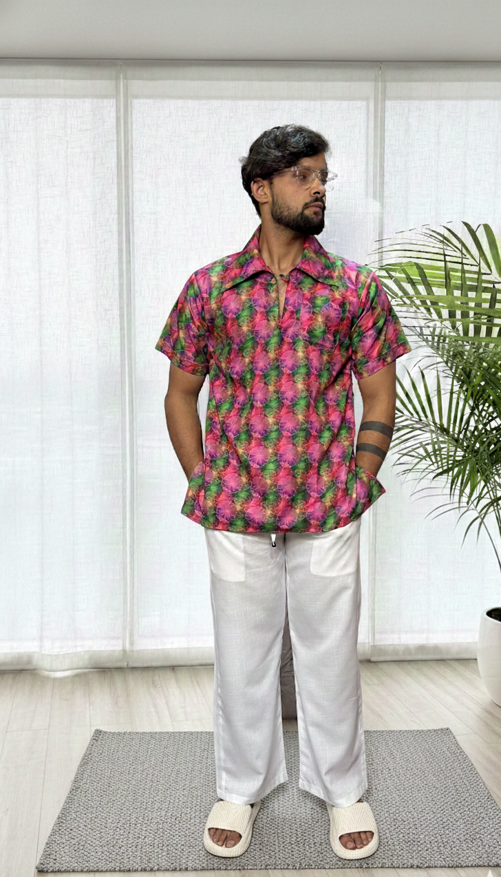 Men Geometric Floral Print Shirt-Collar Kurta