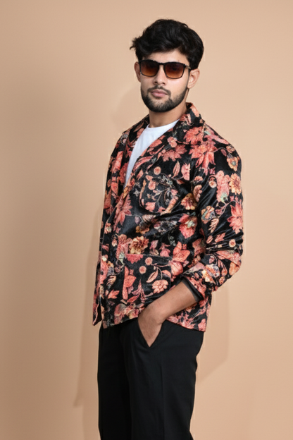 Multicolor Floral Print  Velvet Blazer