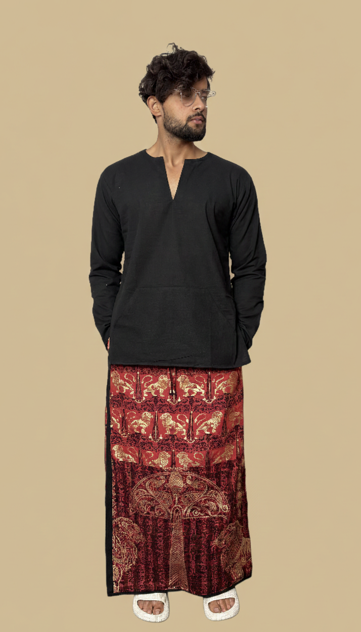 Men Red & black Stripe Lion foil print Motif Cotton Pajamalungi