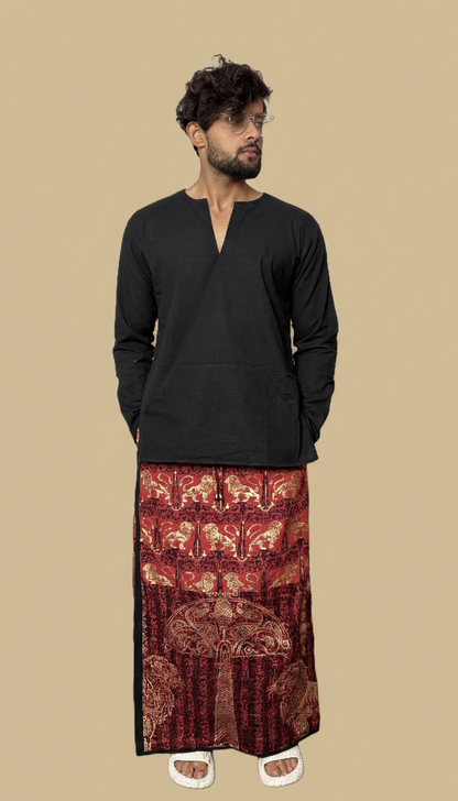 Men Red & black Stripe Lion foil print Motif Cotton Pajamalungi