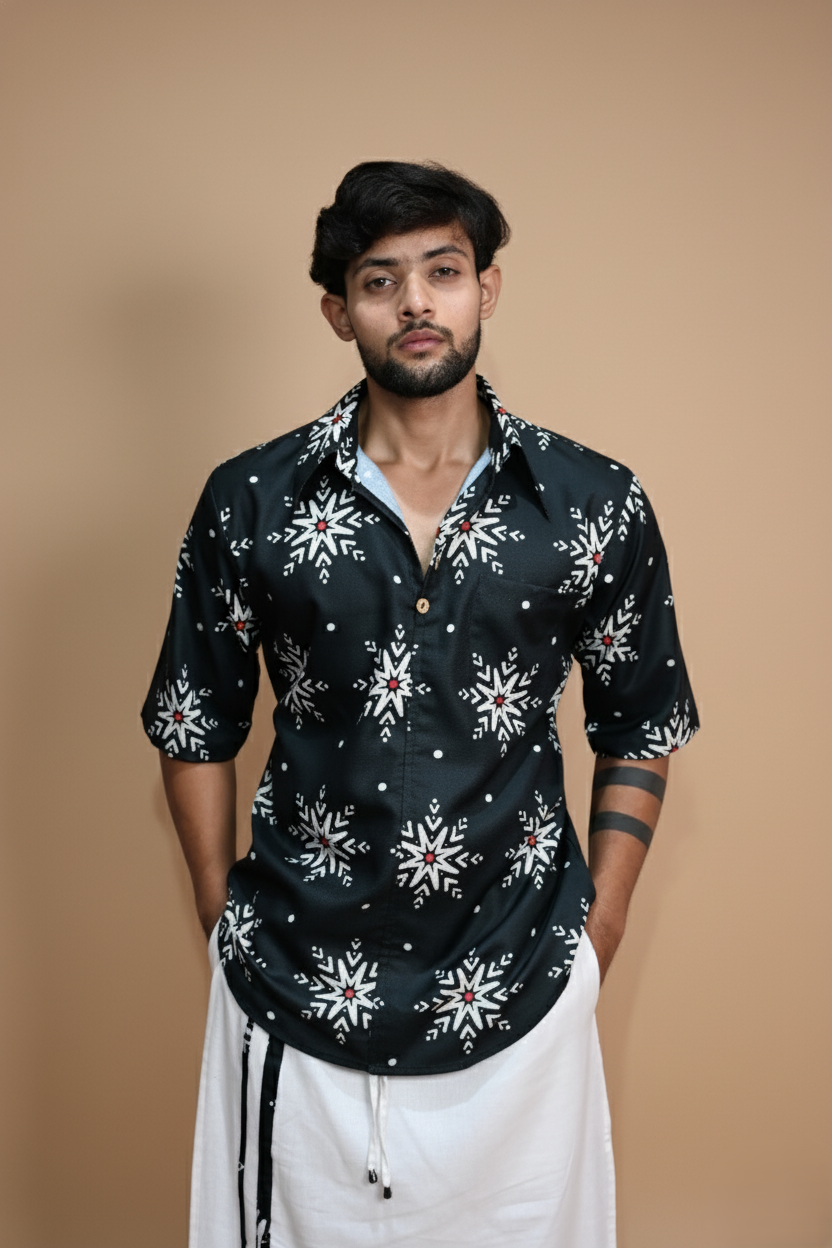 Snowflake Charm Navy Color Digital Print Kurta Shirt For Men